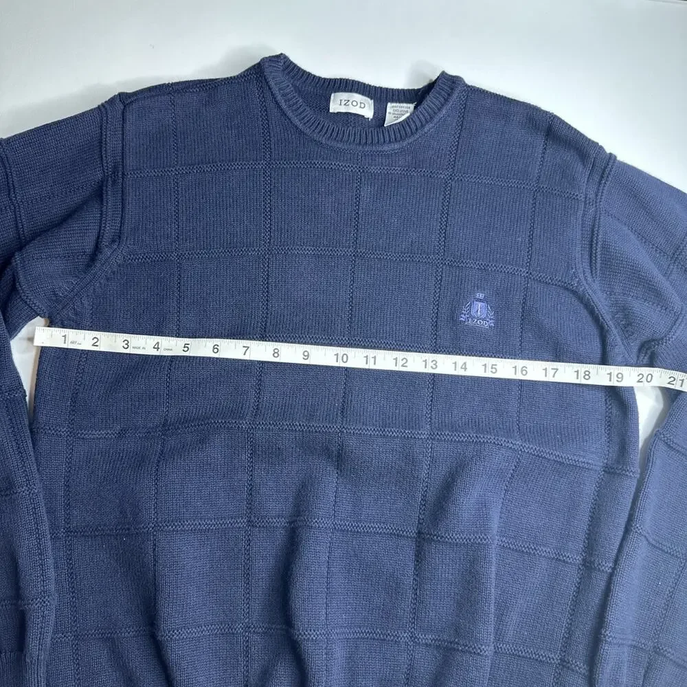 Vintage IZOD Sweater Mens Medium Navy Blue Textured Knit Crewneck Fisherman 90s